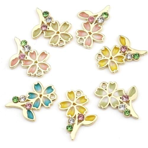 Sweet Flower Leaves Charms Gold Color Metal Multicolor Enamel Rhinestone Pendants DIY Making Earrings Jewelry 23mm x 17mm,5PCs