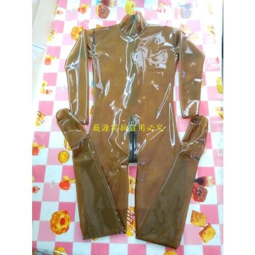 Handmade Transparent Brown Men Latex Catsuit Rubber Bodysuits Socks with Back Crotch Zipper