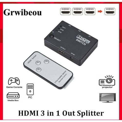 Grwibeou HDMI Splitter 3 In 1 Out Switcher 3 Port Hub Box Auto Switch 3x1 1080p HD 1.4 With Remote Control for HDTV XBOX360 PS3
