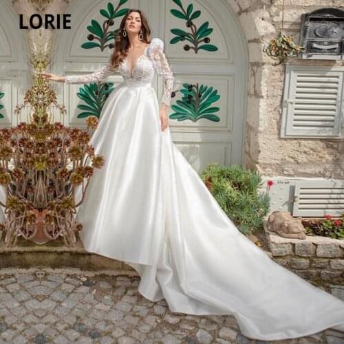 LORIE Bohemian Wedding Dresses Long Sleeves Vintage Satin Lace Wedding Gown A-Line Long Train White Boho Bridal Dress 2021