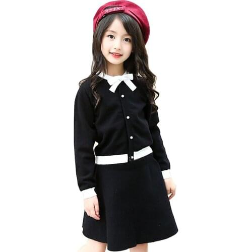 Teenage Girl Sweater Set Cardigan Tops + Skirt 2 Pieces Suits 2019 New Kid Bow Sweet Autumn Spring Children Long Sleeve Clothing