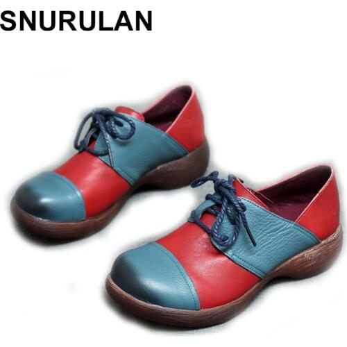 SNURULANGenuine Leather Women Pumps Lace Up Casual Women Shoes 4.5CM Wedges Heels 2020 Spring Handmade Shoes Soft Leather Pumps