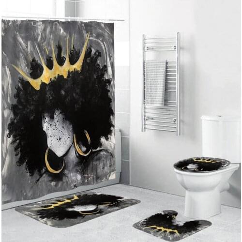 Bipoobee African American Crown Women Bathroom Curtains Set Woman Abstract Print Fabric Shower Curtain Toilet Lid Cover Bath Mat