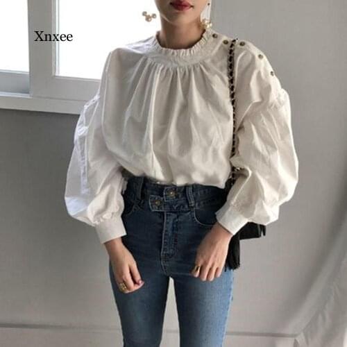 Chic Blouse White Women 2021 New Shirt Lantern Sleeve Elegant Lady Solid Color Thin Short Fashion Casual Round Neck Spring Tops
