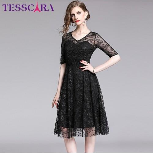TESSCARA Women Summer Elegant Lace Party Dress Festa Female High Quality Office Robe Femme Fashion Designer Black Mesh Vestidos