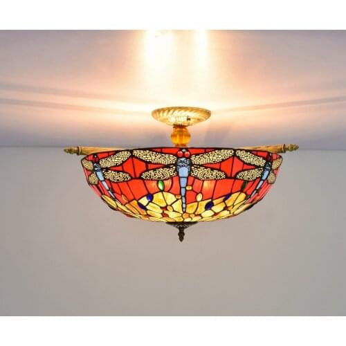 55cm Creative Red Tiffany Colored Glass Small Living Room Restaurant Bar Bedroom Dragonfly Half Ceiling Lamp