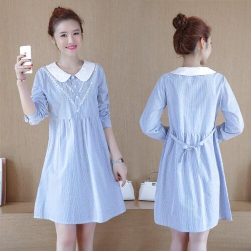 6690# Maternity Dress Spring Autumn Cotton Striped Long Sleeve Loose Stylish Dress for Pregnant Women Mom Dress