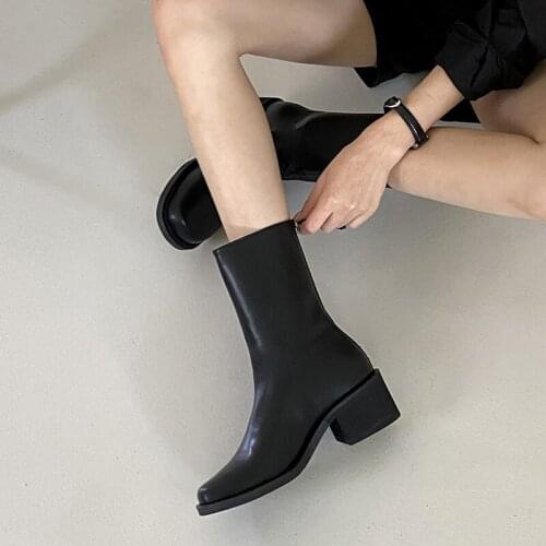 Woman Short Boots Leather Square Head Thick Heel Woman Ankle Boots Fashion Women Winter Shoes Footwear Size 33-42