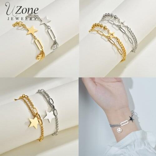 UZone Hollow Star Smiley Face Charm Bracelet Stainless Steel Double-layer Adjustable Chain Bracelets For Women Girls Party Gift