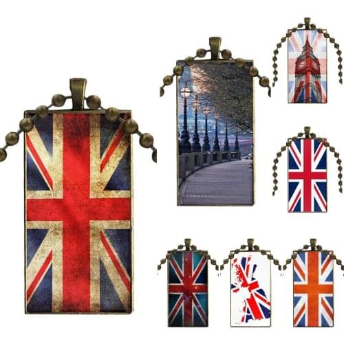 British London Map Flag Vintage Jewelry Bronze Color Glass Cabochon Choker Pendant Long Rectangle Necklace For Women