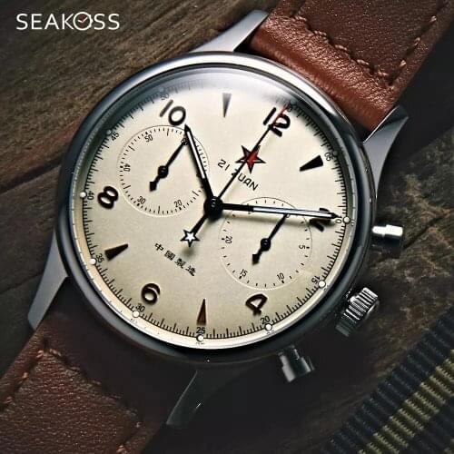 Luxury Chronograph Luminous Antique 1963 Pilot Mechanical Mens Watch St1901 Seagull Movement Clocks Sapphire Leather Watch 2021