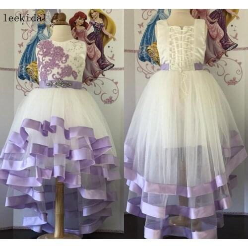 Purple Lace Applique Communion Flower Girls Dress High Low Girls Purple Birthday Celebrity Dresses Tulle Girls Dresses Custom