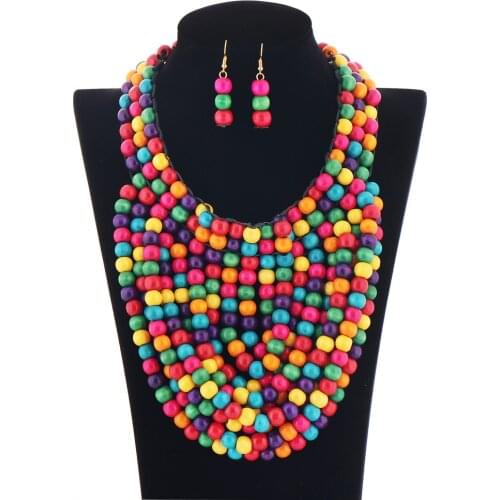 Colorful Bead Tassel Necklace Earring Statement Choker Necklace for Women Collar Beads Wedding Dress Beaded Jewelry Set