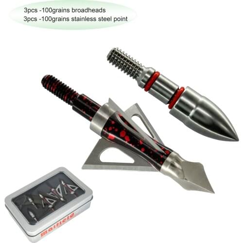 Maifield Hunting Broadhead 100 Grain Red | 3 PK | Stainless Steel Field Points | 3 PK | Bow Archery Accessories, Value Pack