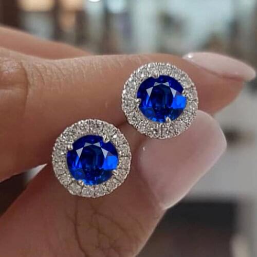 Cute Female Blue Round Zircon Stone Earrings Luxury Silver Color Stud Earrings Vintage Wedding Earrings For Women