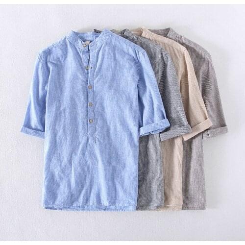 Mens Pullover Cotton Linen Shirts Short Sleeve Mandarin Collar Casual Shirt Dress Shirts Slim Fit Shirt Men Chemise Homme TS-354
