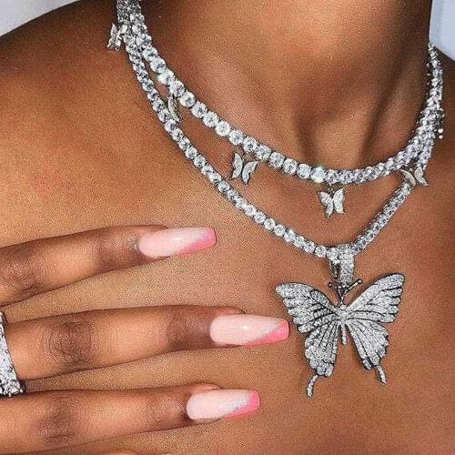 NIUYITID 2020 Bling Rhinestone Butterfly Necklace For Women Girl Jewelry Double Layer Tennis Chain Hip Hop