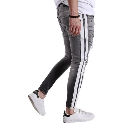 2020 New Fashion Men’ s Jeans Casual Pants Fashionable High Waist Ripped Trousers Close-Fitting Pants for Men Light Blue/Gray