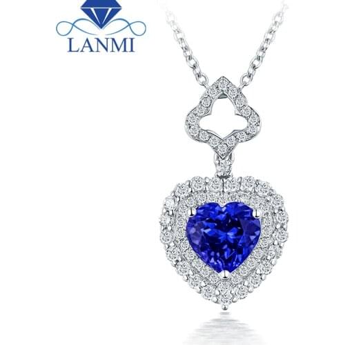 Lovely Heart Tanzanite Pendant Necklace Shinning Diamond Real 18K White Gold Good Gem for Wife Birthday Fine Jewelry Gift