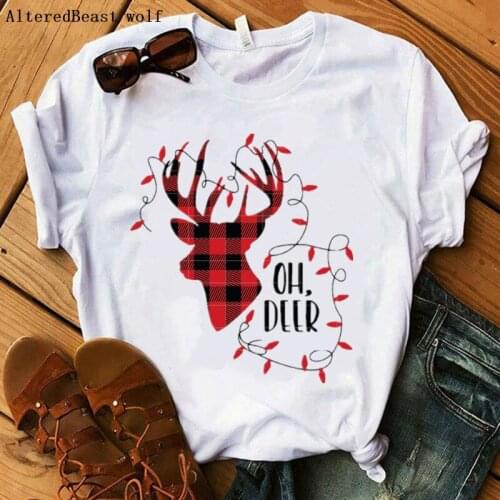 Plaid reindeer OH.DEER print Merry Christmas tshirt Women white kawaii T Shirt female casual short sleeve vogue clothes tops