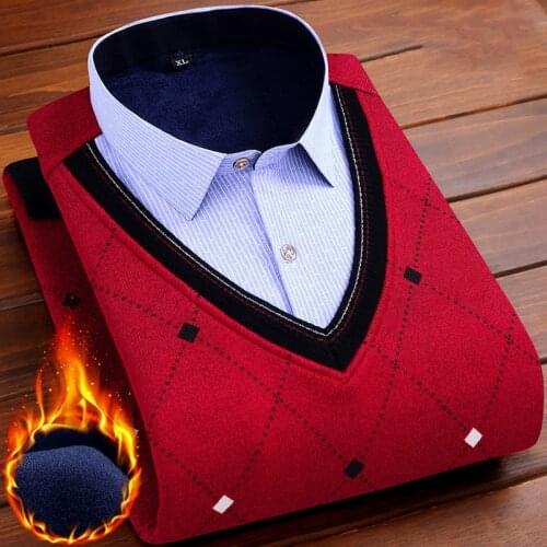 Plus velvet Fake two Warm shirt Youth business casual sweater knitted shirt Autumn And Winter Fashion color block pullover top