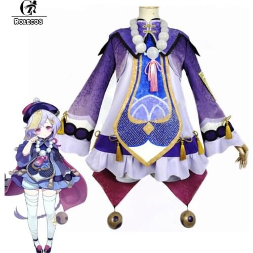 ROLECOS Genshin Impact Cosplay Costume Qiqi Cosplay Costume Women Zombie Purple Costume Halloween Dress Necklace Hat Full Set