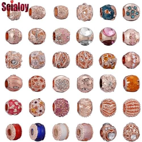 Seialoy 2pcs Rose Gold Spherical Beaded Charm Fit Bracelets Bangle Shiny Rhinestone Flowers Bee Leaves Beads Jewelry Accessories
