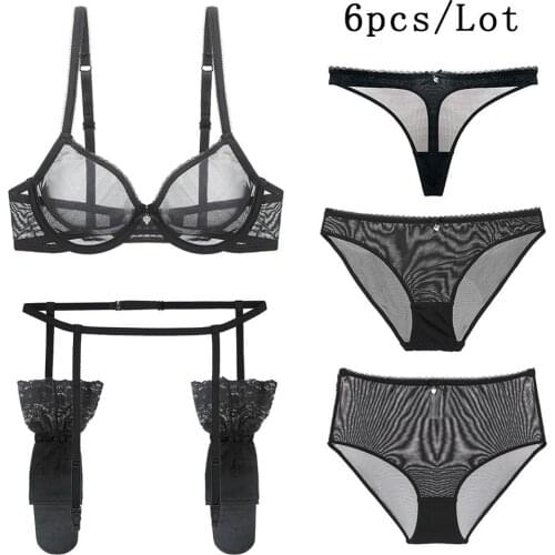 Sexy lingerie Ladies Bra Set Garter Thong Low Waist Panties High Waist Panties Stockings 6 Piece Set