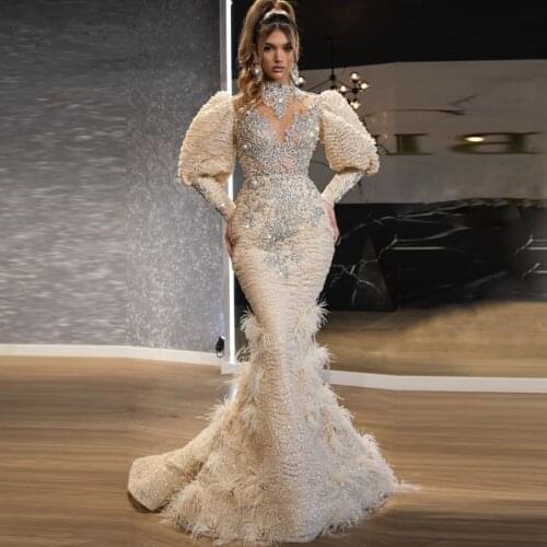 Champagne Feathers Mermaid Evening Dresses 2021 Full Lace Beading Prom Dresses Long Sleeves High Neck vestidos robe Custom Made
