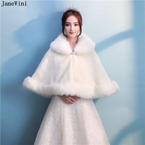 JaneVini Fashion White/Red Faux Fur Bolero Crystal Brooch Bridal Wraps Winter Warm Cloak Shawls Jacket Women Wedding Accessories