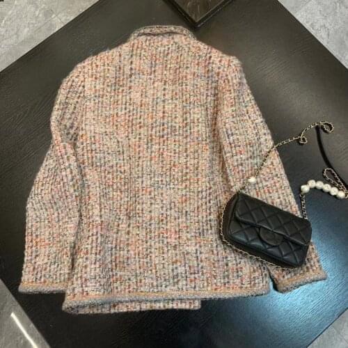 New women vintage jacket long sleeve runway silk lining elegant lady coat with chain