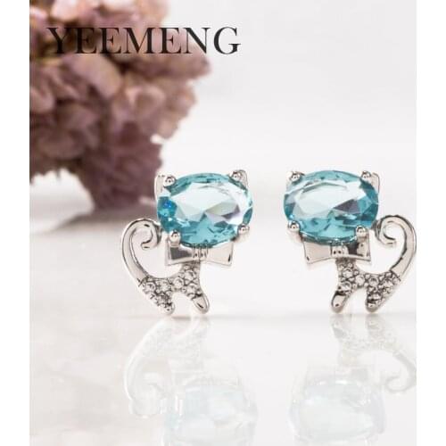 YEEMENG 2019 Fashion Animal Blue Zircon Stud Earrings Cute cat Design Earrings For Women Silver Color Earrings Wholesale