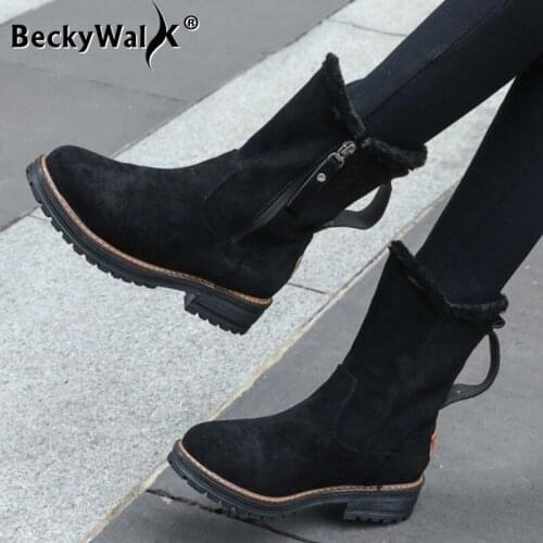 Women Round Toe Low Heels Snow Boots Shoes New Winter Women Boots Casual Warm Fur Mid-Calf Boots Woman Plus Size 34-43 WSH3696