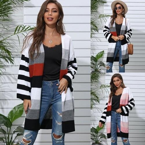 Womens Sweater Autumn Winter 2021oversized Cardigans Casual Knitted Cardigan Long Striped Stitching Contrast Sweater Cardigan