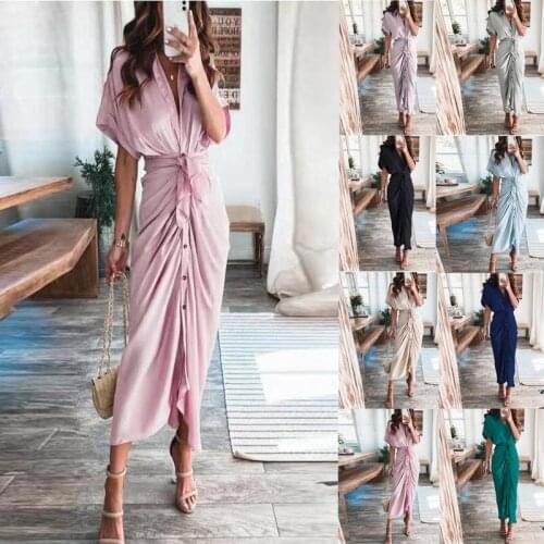 2021 Summer Fahsion Sexy V Neck Short Sleeve Bodycon Package Hip Womens Midi Dress Casual Satin Solid Bandage Slim Ladies Dress