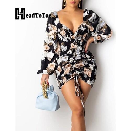 Floral Print Drawstring Sexy Beach Style Dress Women Full Sleeve V Neck Above Knee Skinny Bodycon Dress