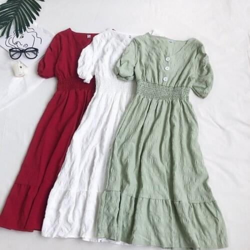 Women Summer Puff Sleeve V-neck Floral Button Ruffles Dress Elegant Lady Elastic Slim Waist Pleated Pullover Party Midi Dress
