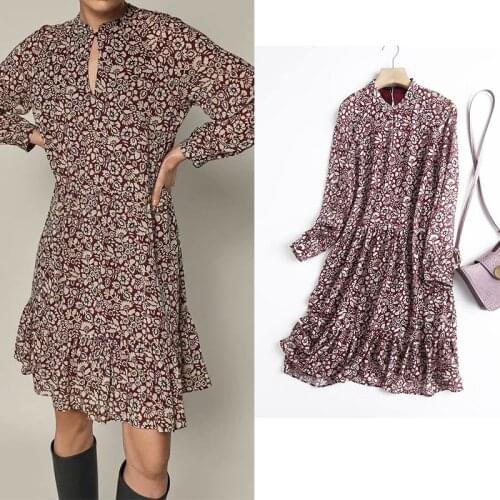 Za Fashion 2021 Women Dress Vintage Floral Print Ruffles Mini Dress Long Sleeve Chiffon A-Line Elegant Dress Female Chic Vestido