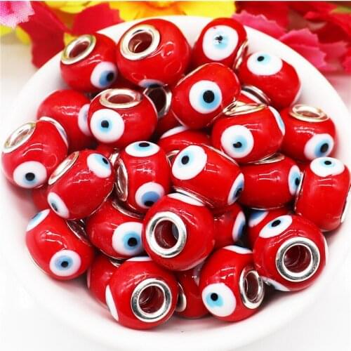 10Pcs 16x10mm Red Color Eye Beads 5mm Big Hole Lampwork Glass Spacer European Beads Fit Original Pandora Bracelet Bangle Jewelry