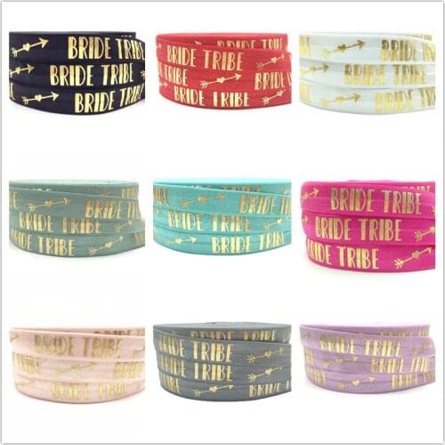 13 Colors Choose 50Y Gold Foil Bride Tribe Print Fold Over Elastic 5/8" FOE Elastic Ribbon for DIY Wedding Hair Tie Accessory