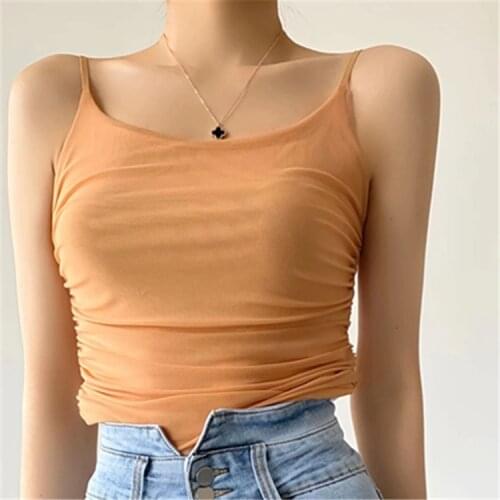 2021 summer womens clothing European and American Style Sexy mesh small sling vest short pleated top dldd446