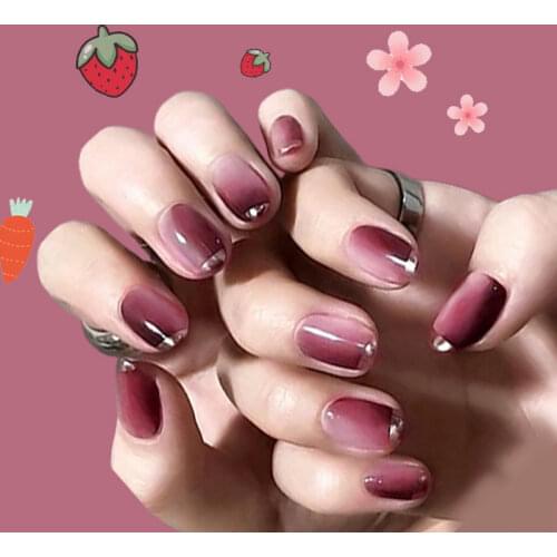 24pcs Fake Nails With Glue Round Head Silver Edge Wearable Fake Nails Gradient Color Short Style Girl Fashion Popular WD