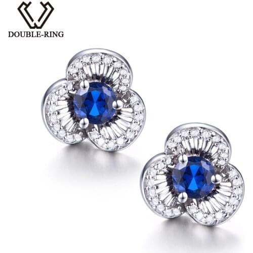 DOUBLE-R 925 Sterling Silver Stud Earrings For Women Lovely Flower Earring With Created Sapphire Gemstone