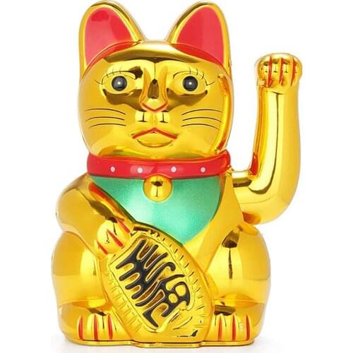 Lucky Fortunes Cat Japanese Gold Lucky Cat Waving with Waving Arm Battery Operated Restaurant Decoration