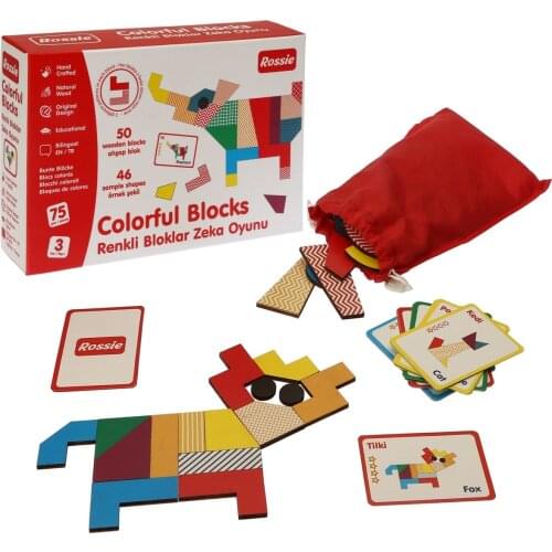 Colorful Blocks (Wooden Blocks Brain Teaser) contains 50 blocks of various shapes and sizes. One side of the blocks is patterne