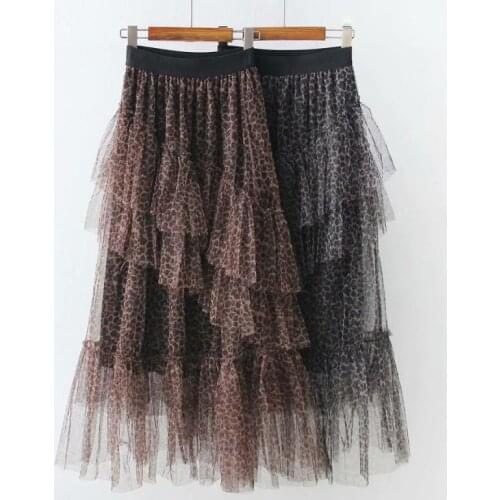 Leopard layered ruffled cake skirt retro long section korean fashion women muti-layer dot mesh irregular skirt female
