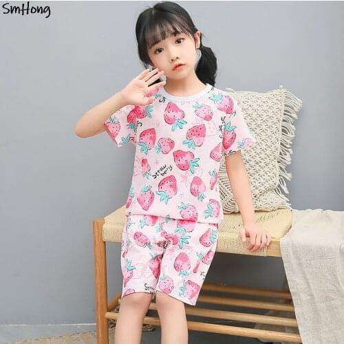 2 to 11 Years Summer Short Sleeve Strawberry Print Breathable Net Cotton Pajamas Sets for Girls Childrens Sleepwear Girl Outfit