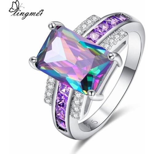 Lingmei New 8*12 Big Multi & Blue Purple White CZ Silver ColorRing Size 6-9 Luxury Elegant Women Jewelry Wedding Party