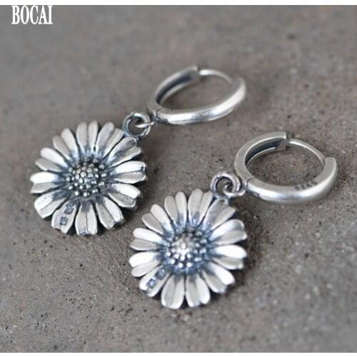 BOCAI real S925 silver fashion woman earrings, simple temperament retro Thai silver sun flower female earrings