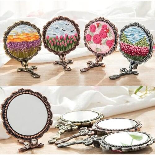 DIY Embroidery Mirror Kits Flower Cross Stitch Needlework Folding Makeup Mirror Hand Sewing Art Craft Gift Home Decor